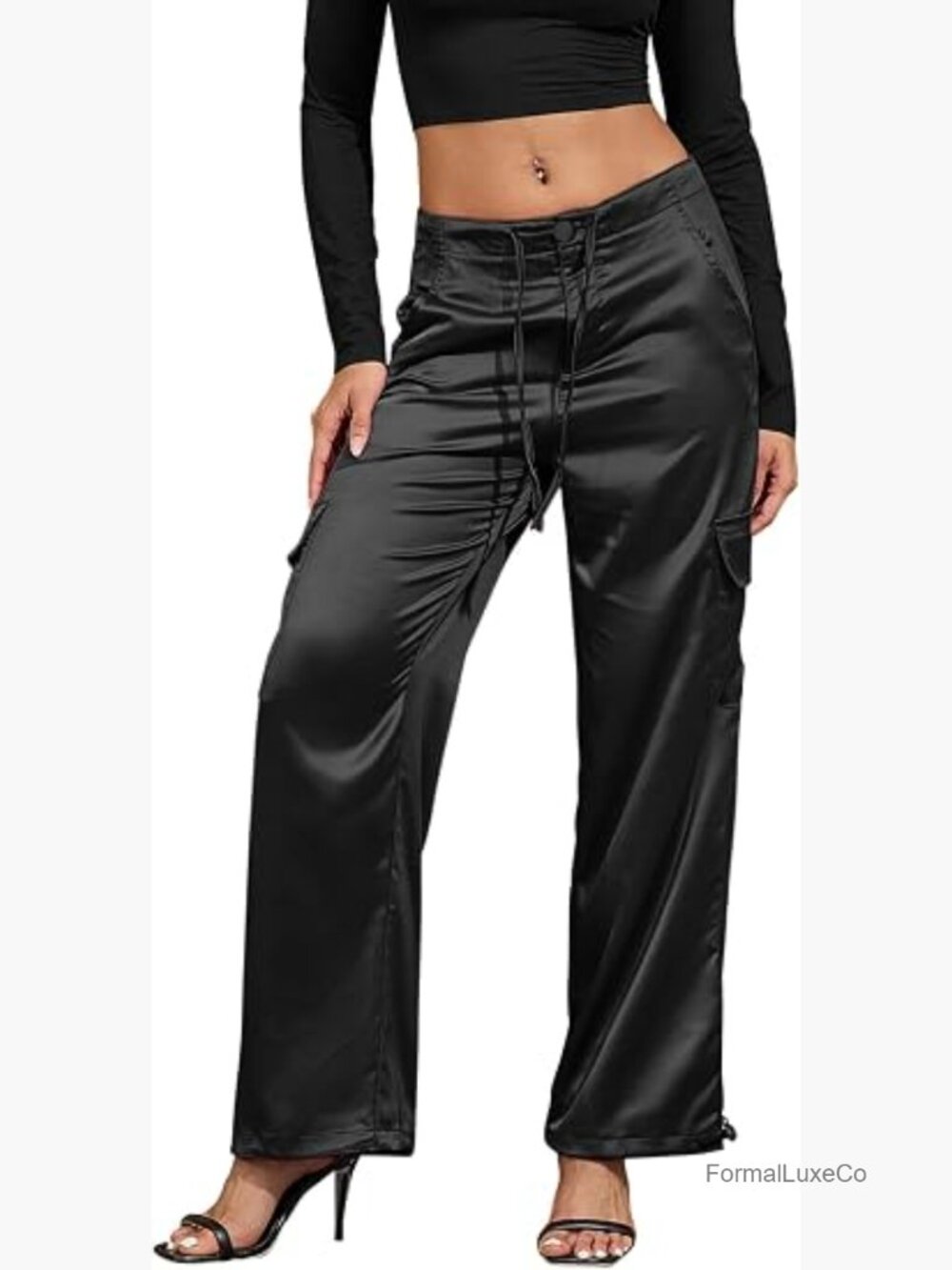 Satin Wide Leg Cargo Pants Drawstring Low Rise Joggers Concert Outfit